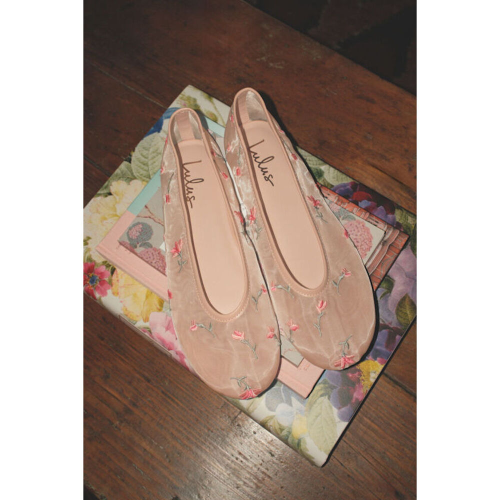 Lulus Idony Dark Nude Floral Mesh Ballet Flats Beige - Size 7